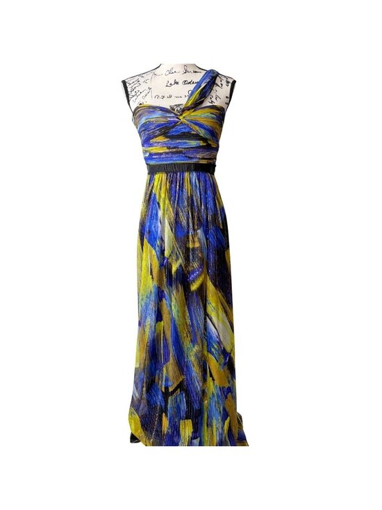 BCBGMaxAzria Dresses & Skirts - BCBGMAXAZRIA Size 4 Inga Gown Dress Silk One-Shoulder Metallic Blue Yellow Flowy